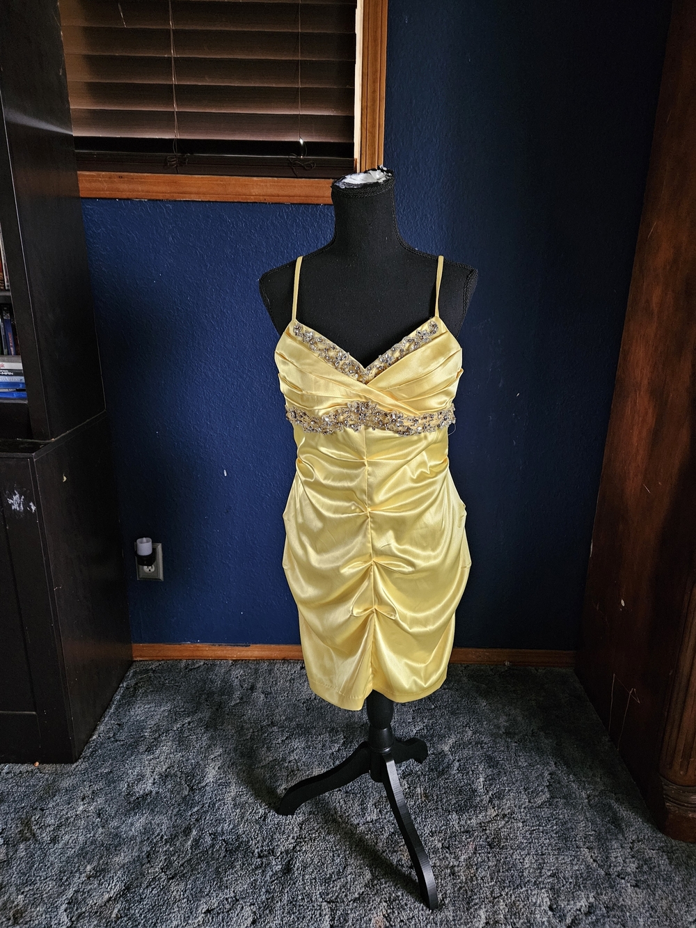 Beata Studio LA Yellow Satin Beaded Spaghetti-Strap Mini Dress size 13